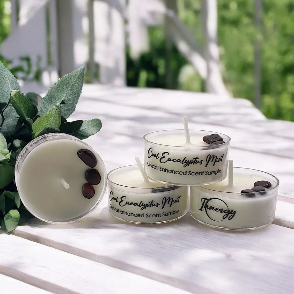 Cool Eucalyptus Mint, Premium Coconut-soy Wax Tea Light Crystal Candle, 1oz, detail shot - House Of Avana