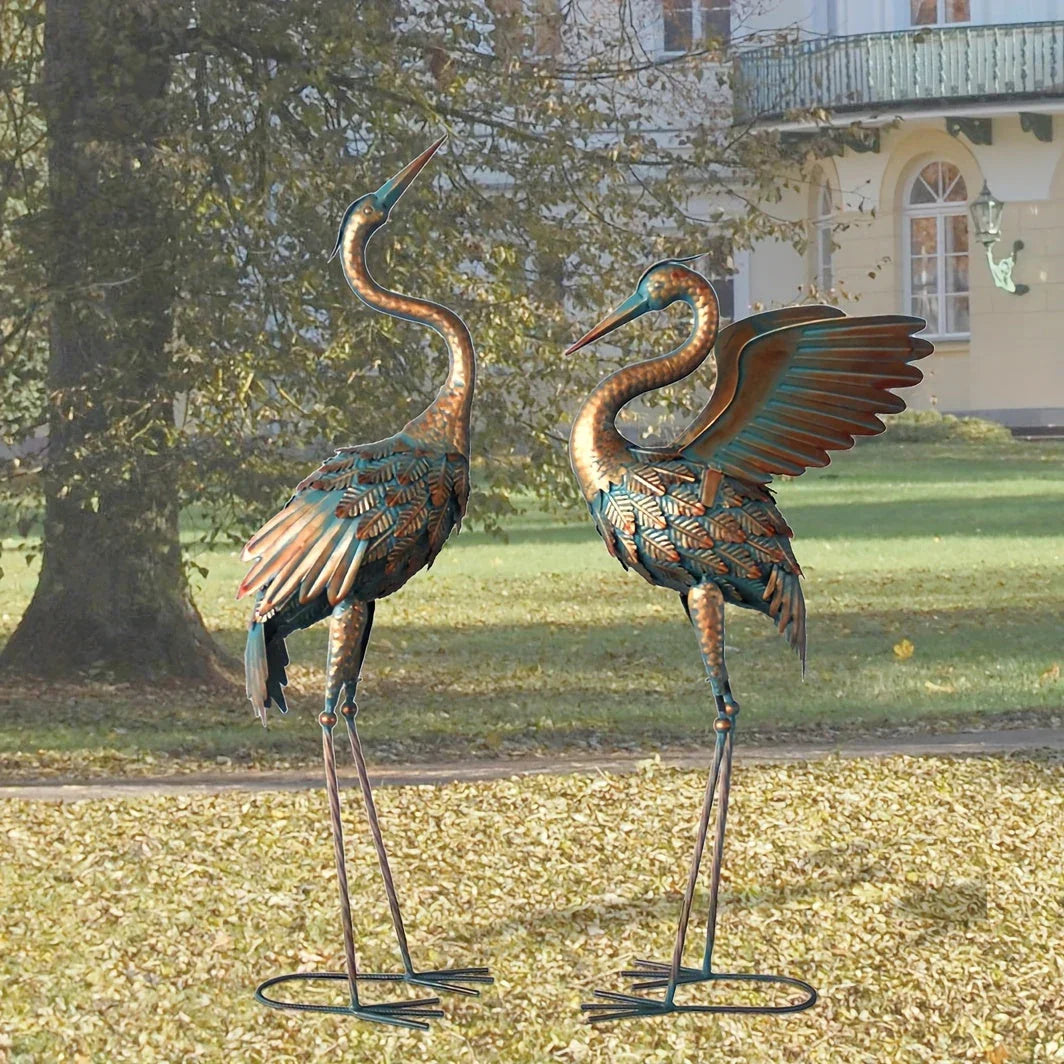 Copper crane garden statue set, intricately designed metal décor - House of Avana