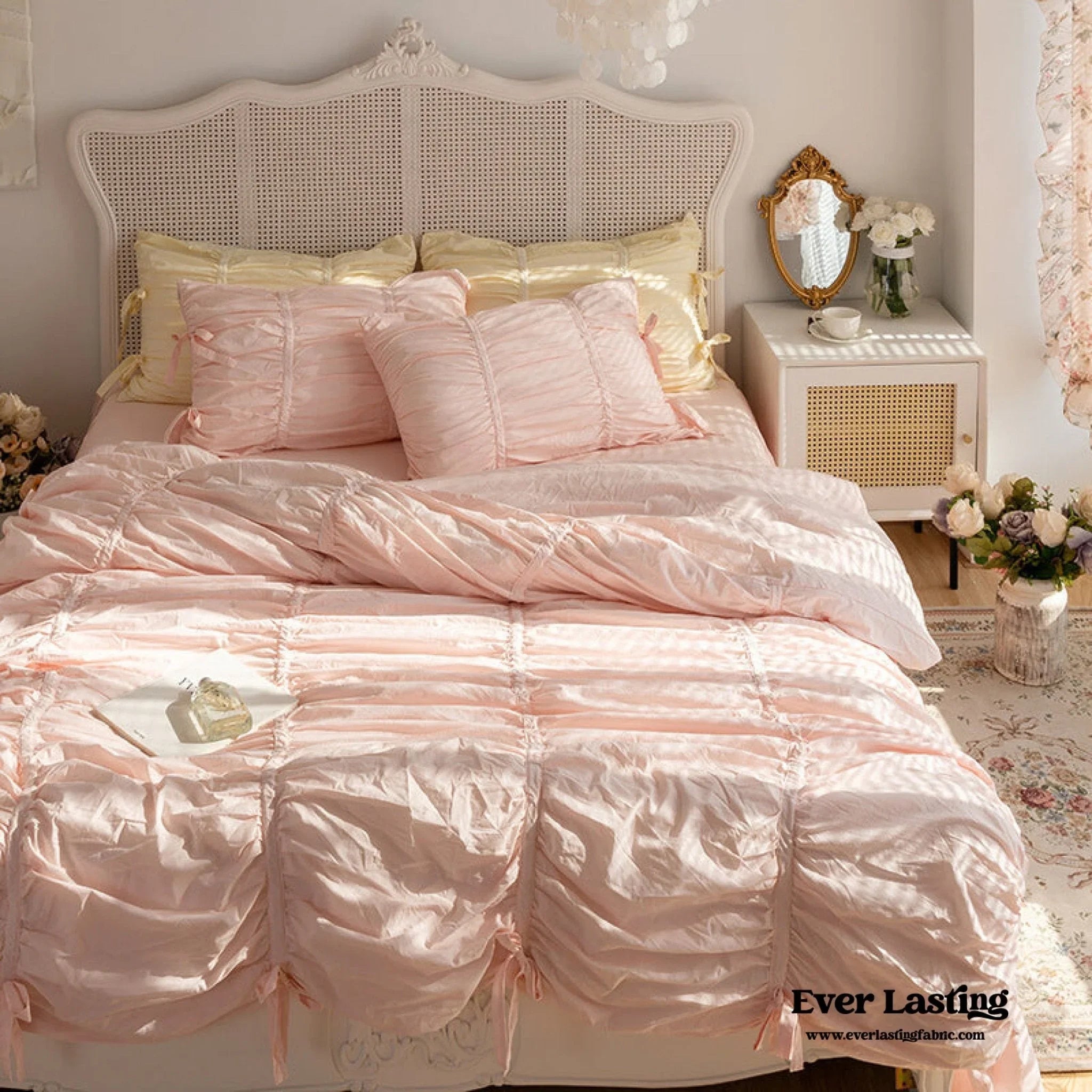 Coquette Ruffle Ribbon Ties Duvet Cover / Pink Ever Lasting