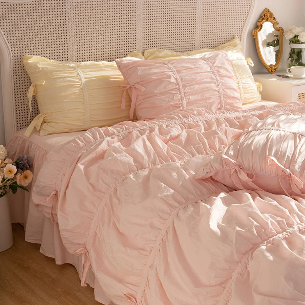 Coquette Ruffle Ribbon Ties Duvet Cover / Pink Ever Lasting