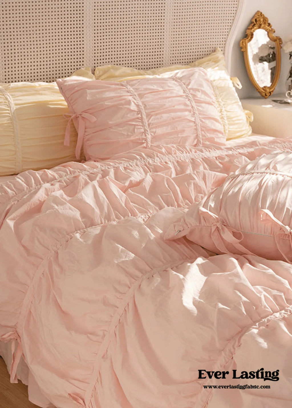 Coquette Ruffle Ribbon Ties Duvet Cover / Pink Ever Lasting