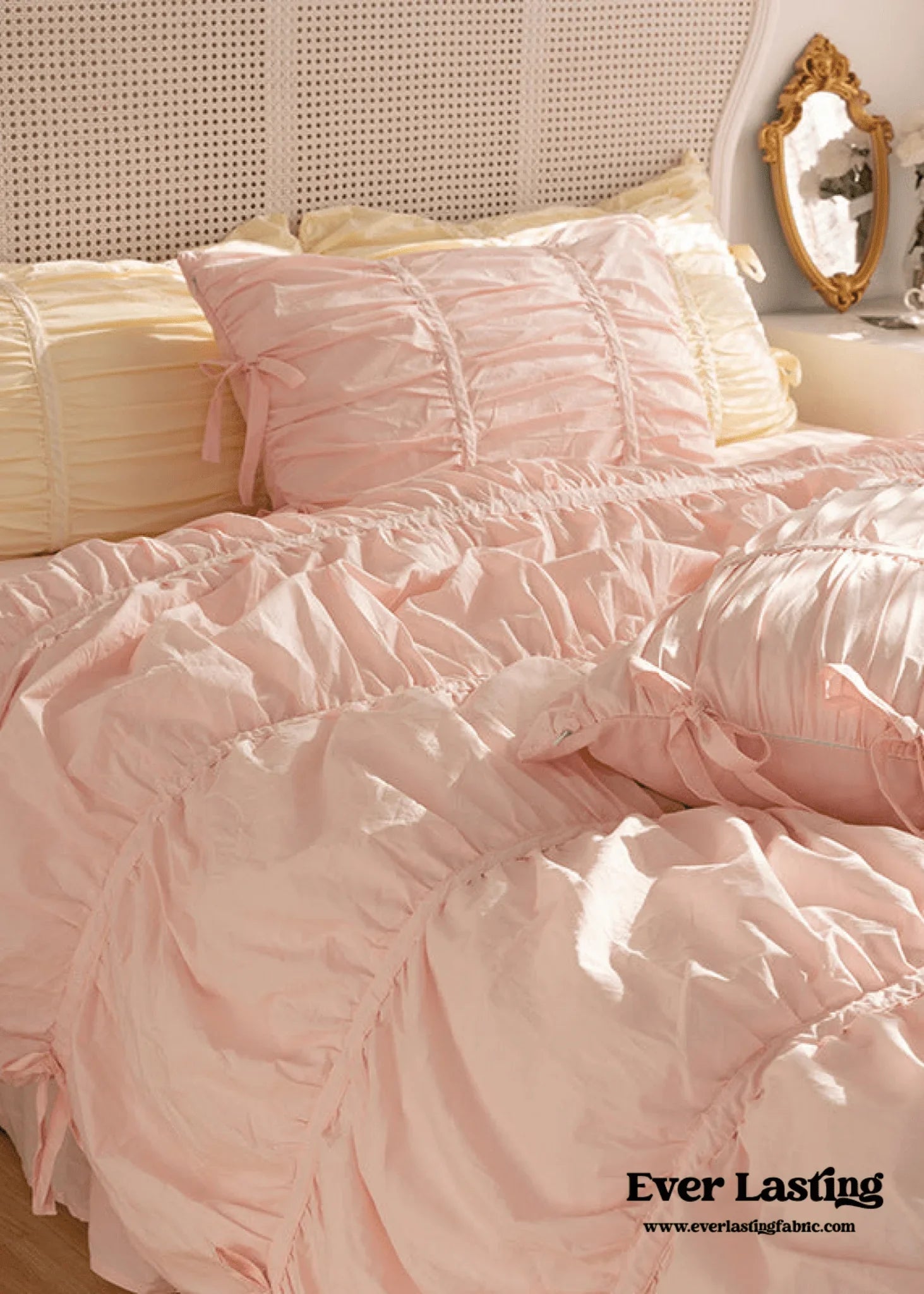 Coquette Ruffle Ribbon Ties Duvet Cover / Pink Ever Lasting
