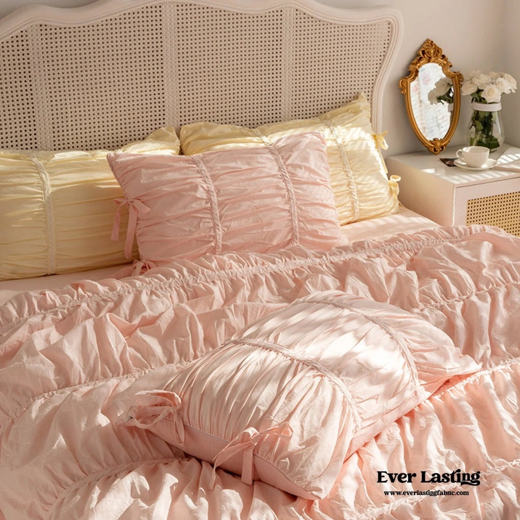 Coquette Ruffle Ribbon Ties Duvet Cover / Pink Ever Lasting