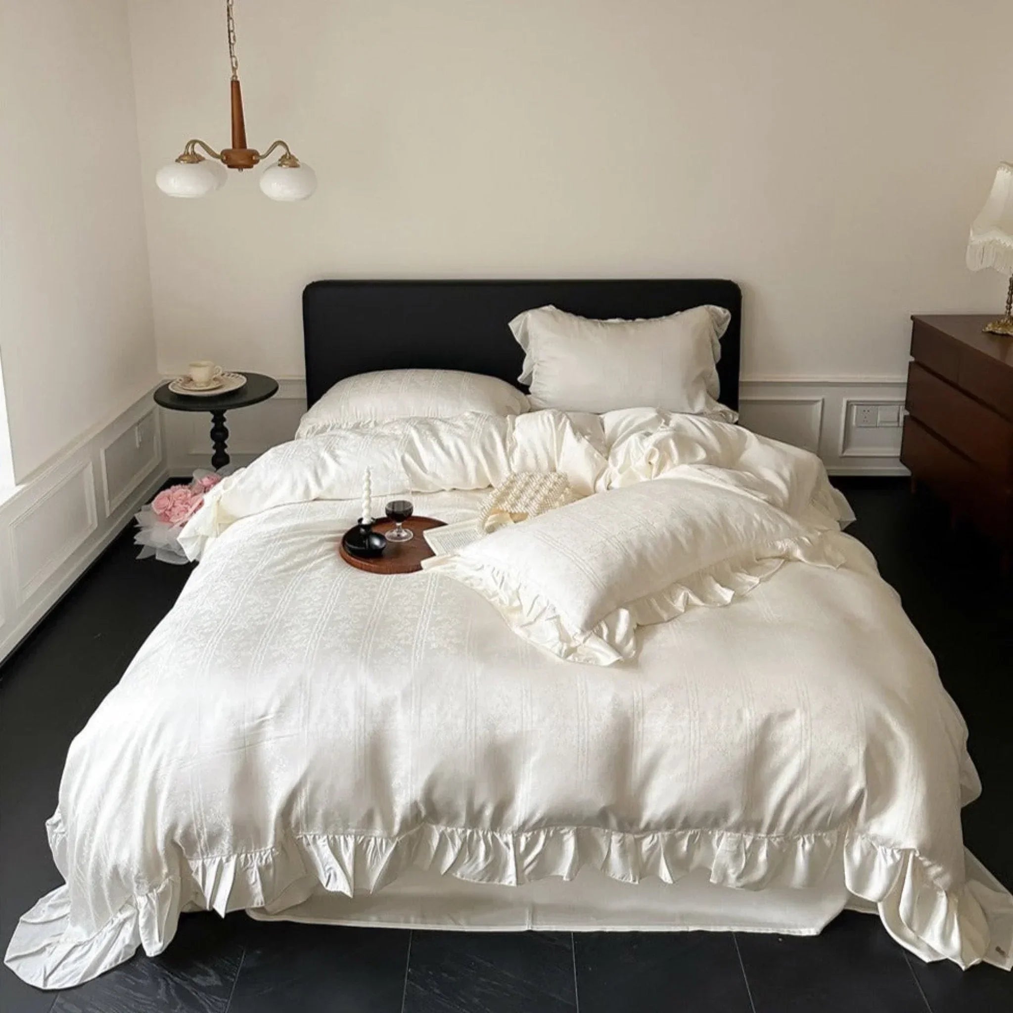 Coquette Tencel Silky Ruffle Bedding Set / White Ever Lasting
