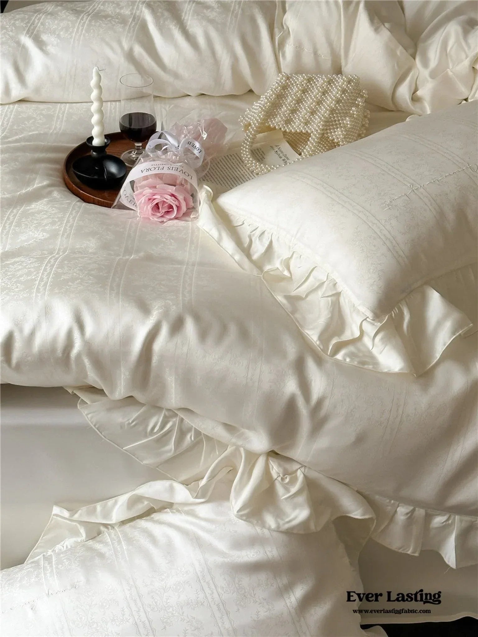 Coquette Tencel Silky Ruffle Bedding Set / White Ever Lasting