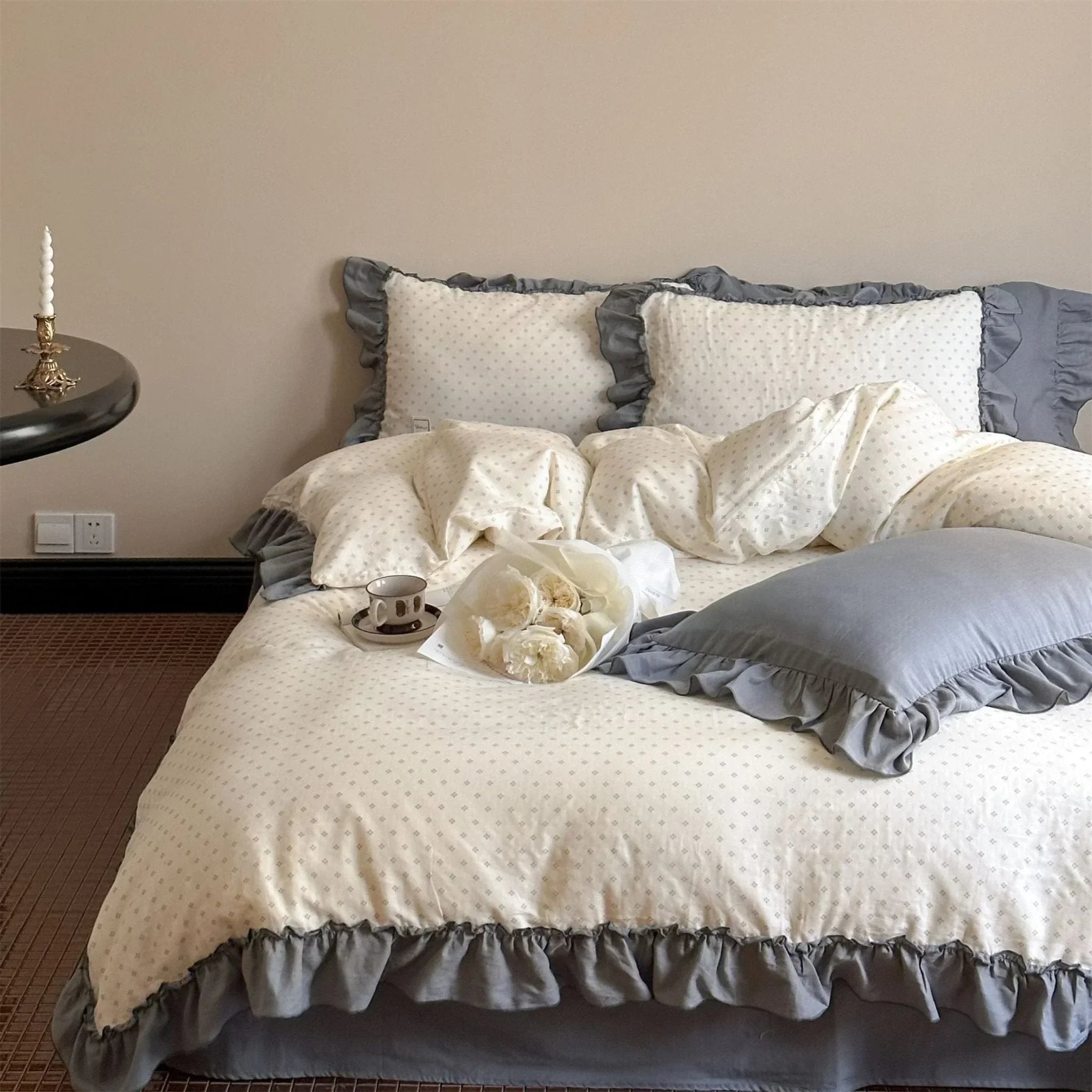 Cottage Inspired Ruffle Bedding Set / Ash Blue Ever Lasting