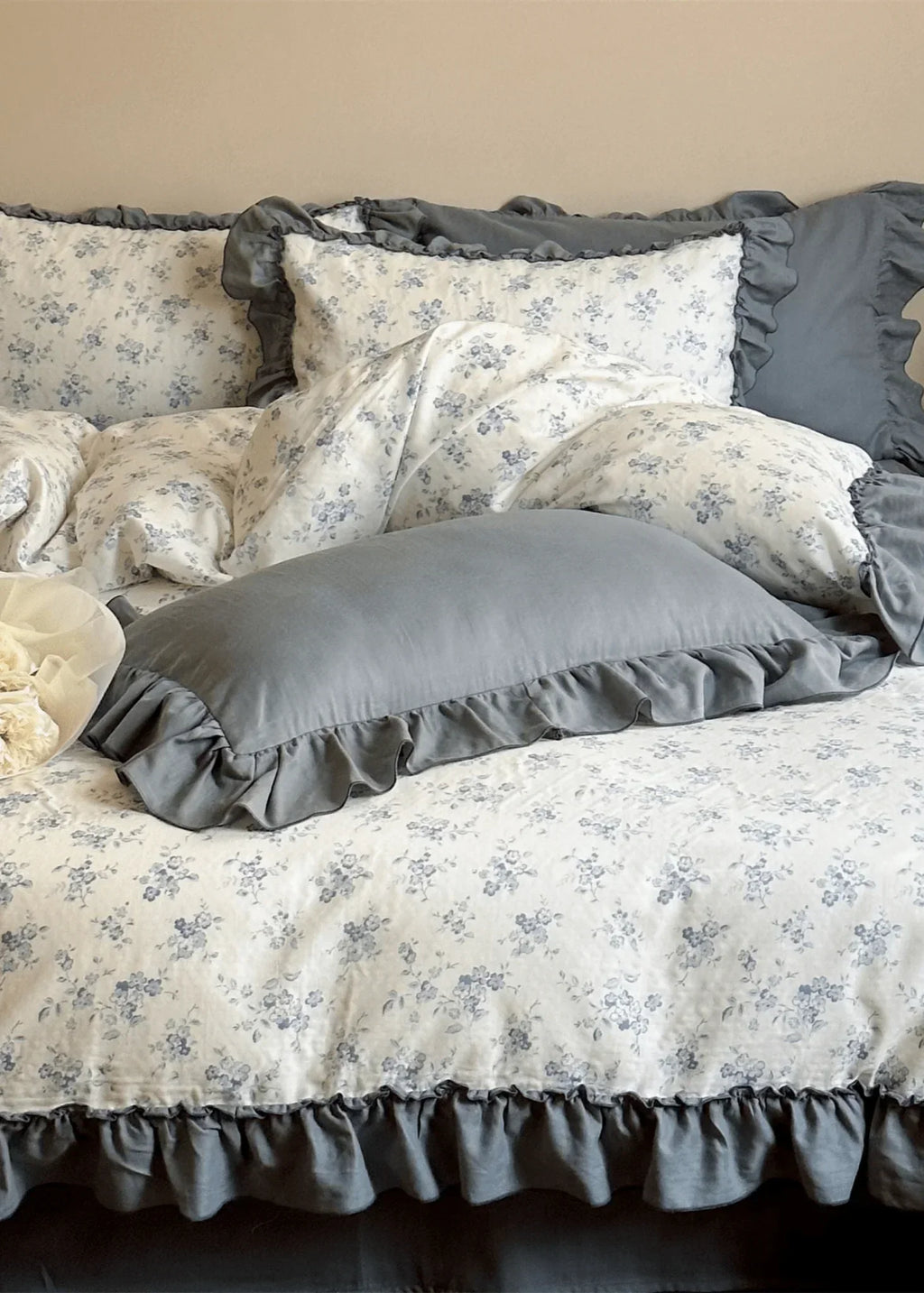 Cottage Inspired Ruffle Bedding Set / Ash Blue Ever Lasting