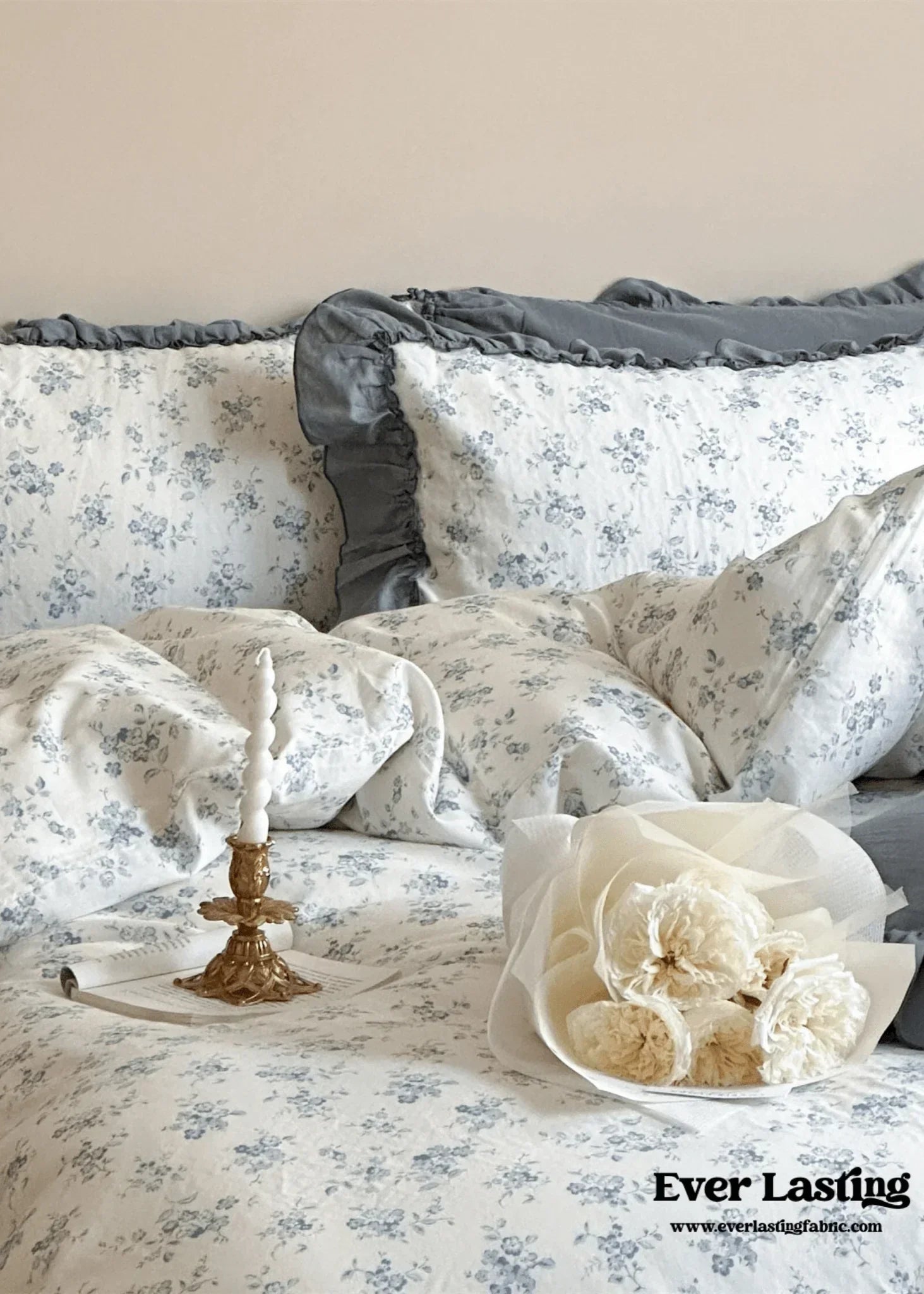 Cottage Inspired Ruffle Bedding Set / Ash Blue Ever Lasting