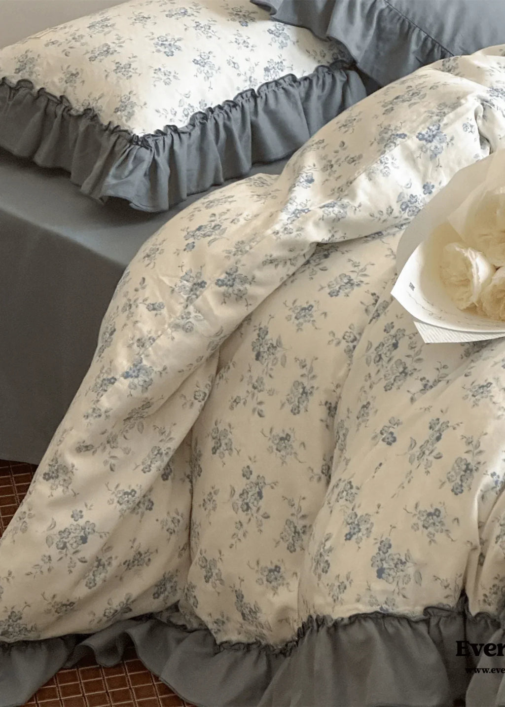 Cottage Inspired Ruffle Bedding Set / Ash Blue Ever Lasting