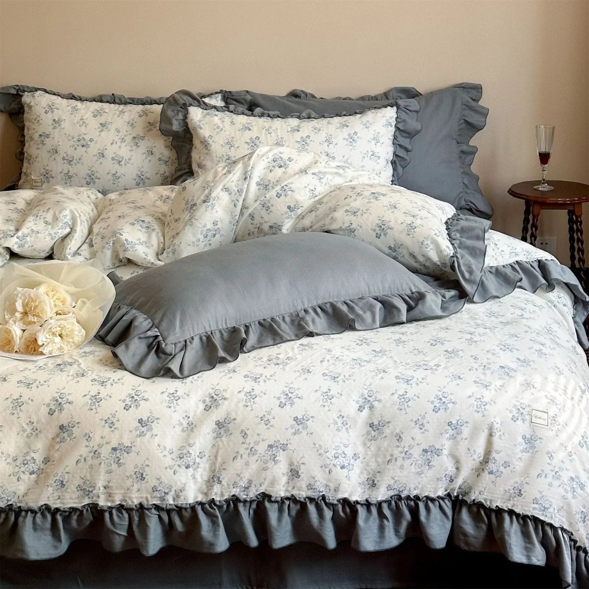 Cottage Inspired Ruffle Bedding Set / Soft Blue Ever Lasting