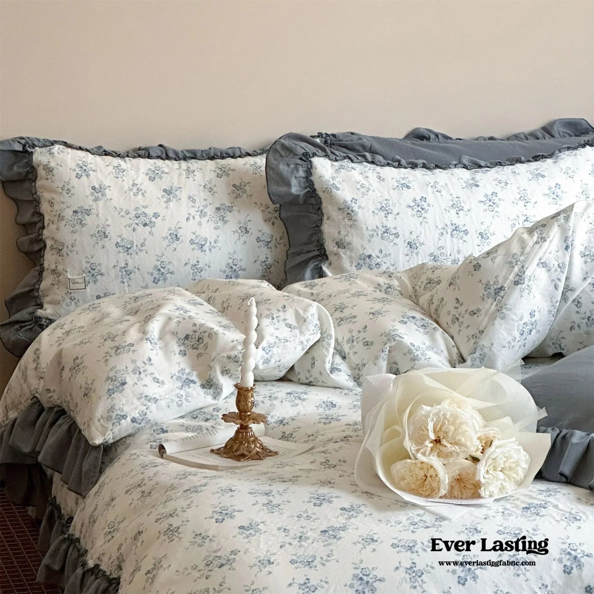 Cottage Inspired Ruffle Bedding Set / Soft Blue Ever Lasting