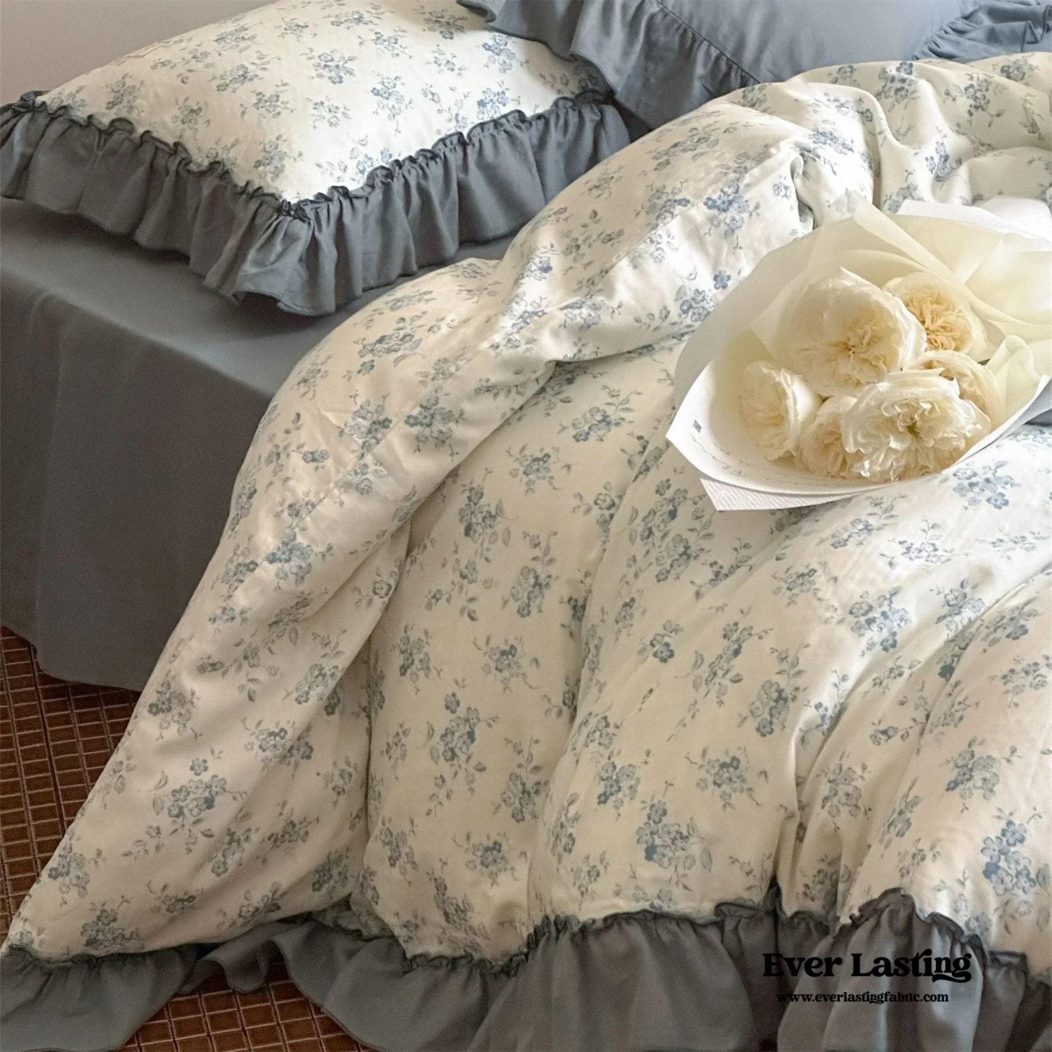 Cottage Inspired Ruffle Bedding Set / Soft Blue Ever Lasting