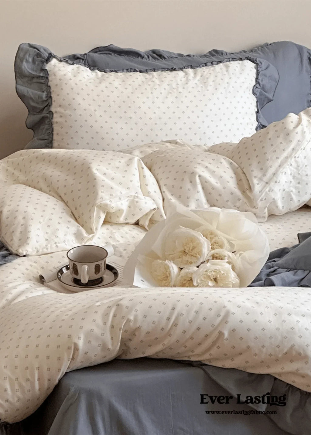 Cottage Inspired Ruffle Bedding Set / Soft Blue Ever Lasting
