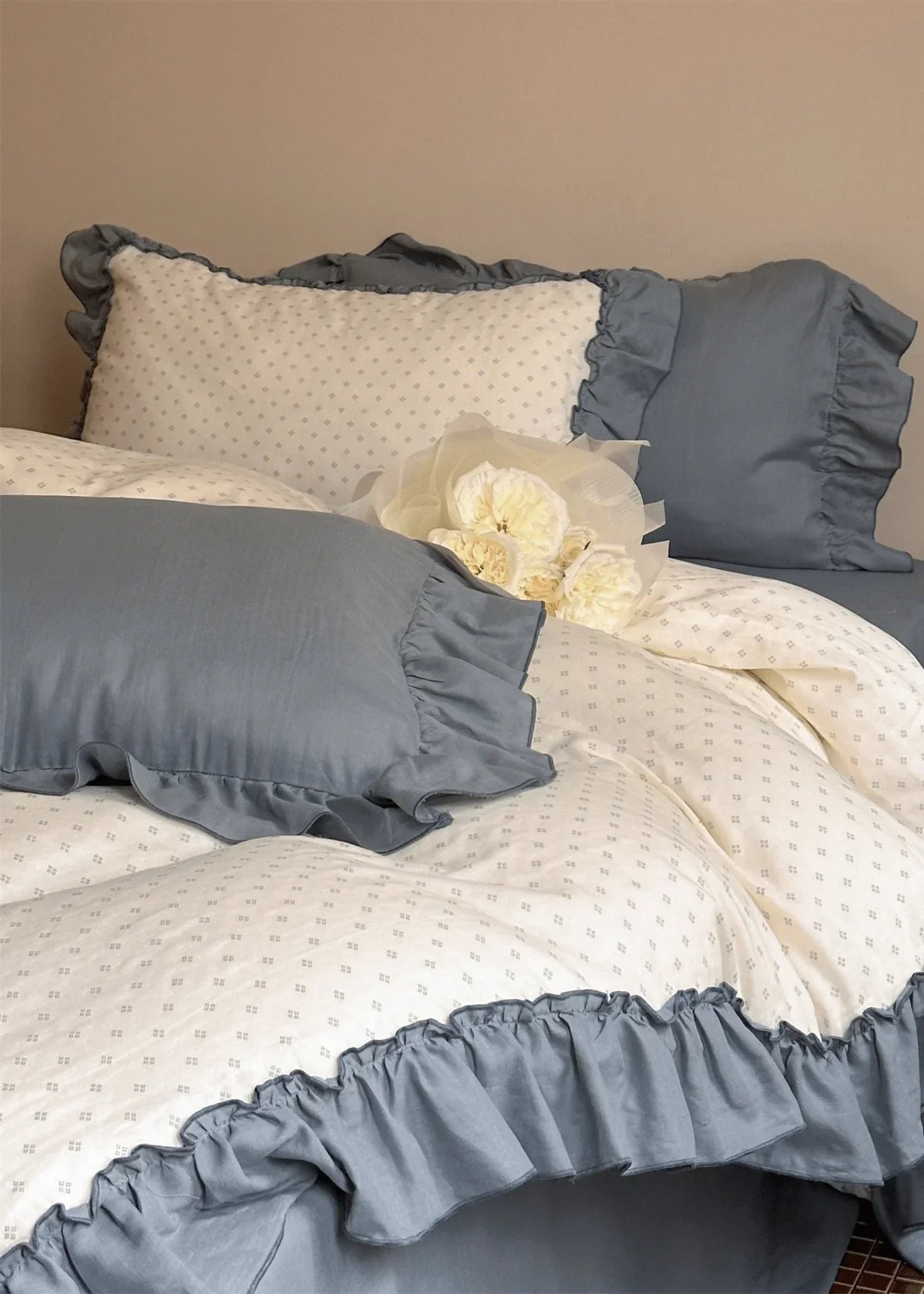 Cottage Inspired Ruffle Bedding Set / Soft Blue Ever Lasting
