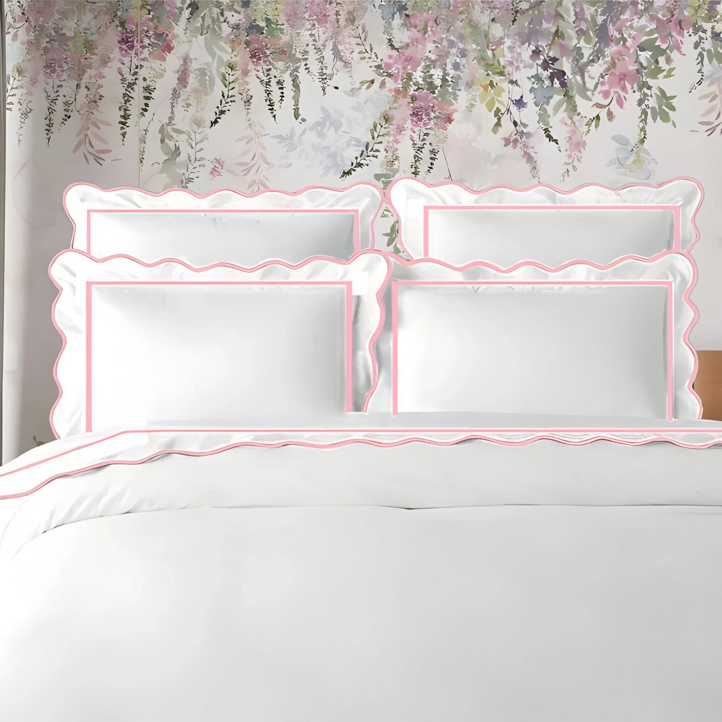 400tc Cotton Scallop Embroidery & Border Sateen Solid Duvet Cover Set, close-up view - House Of Avana