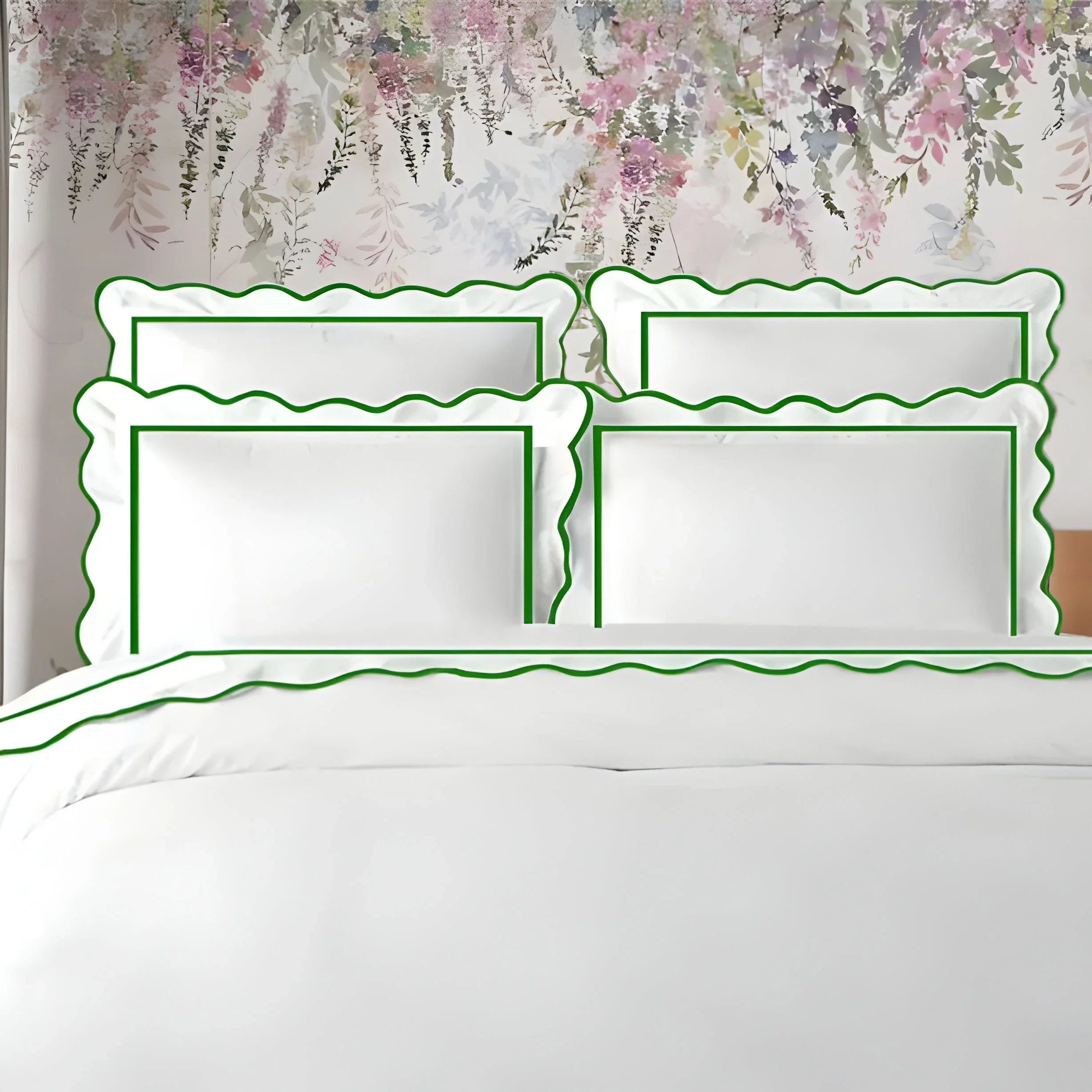 400tc Cotton Scallop Embroidery & Border Sateen Solid Duvet Cover Set, front view - House Of Avana