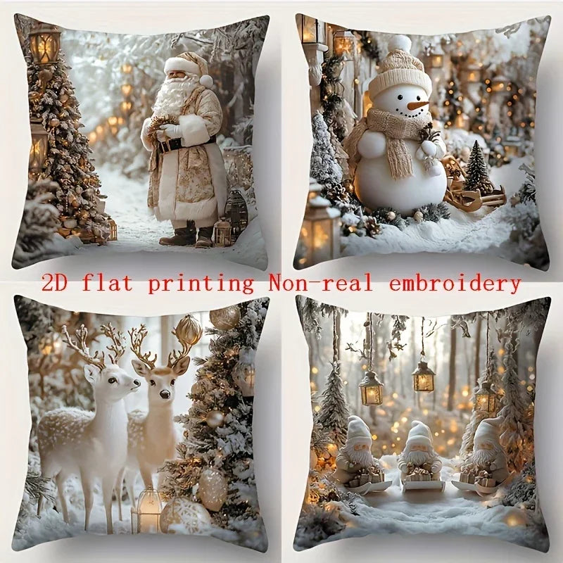 Cotton Pillowcase, Christmas Pattern, 17.72" Square, Snowman & Santa Claus Design - House Of Avana