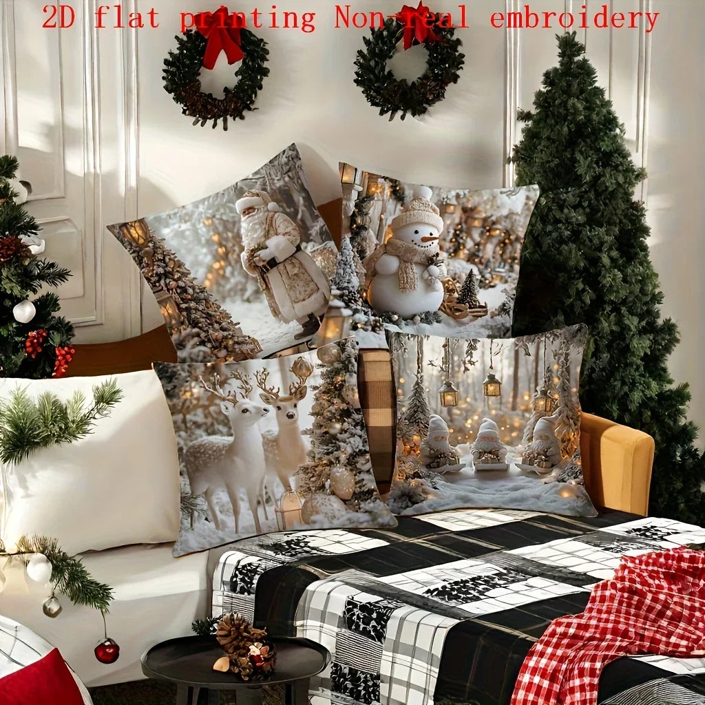 Cotton Pillowcase, Christmas Pattern, 17.72" Square, Snowman & Santa Claus Design - House Of Avana