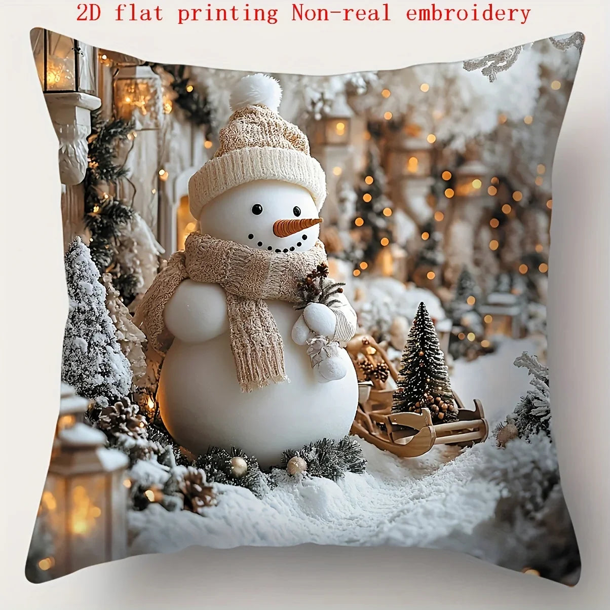 Cotton Pillowcase, Christmas Pattern, 17.72" Square, Snowman & Santa Claus Design - House Of Avana