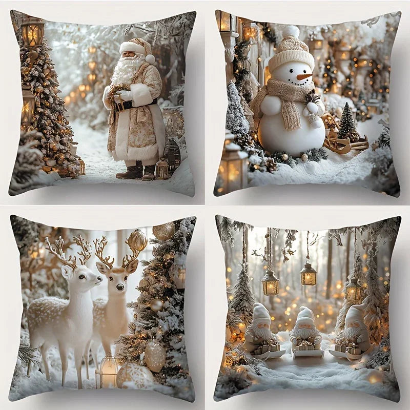 Cotton Pillowcase, Christmas Pattern, 17.72" Square, Snowman & Santa Claus Design - House Of Avana