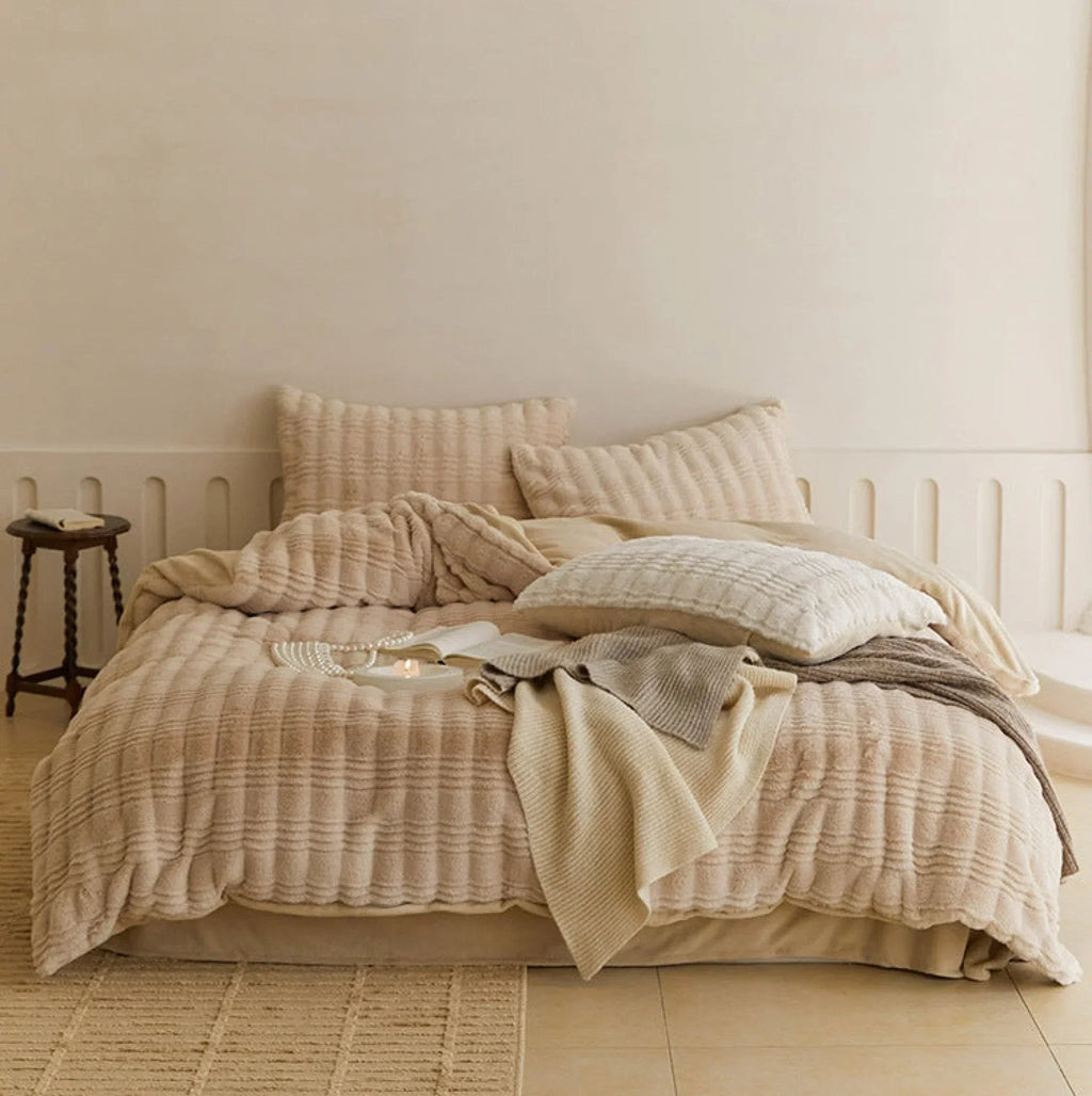 Cozy Earth Tone Milk Velvet Bedding Set / Beige Khaki Ever Lasting