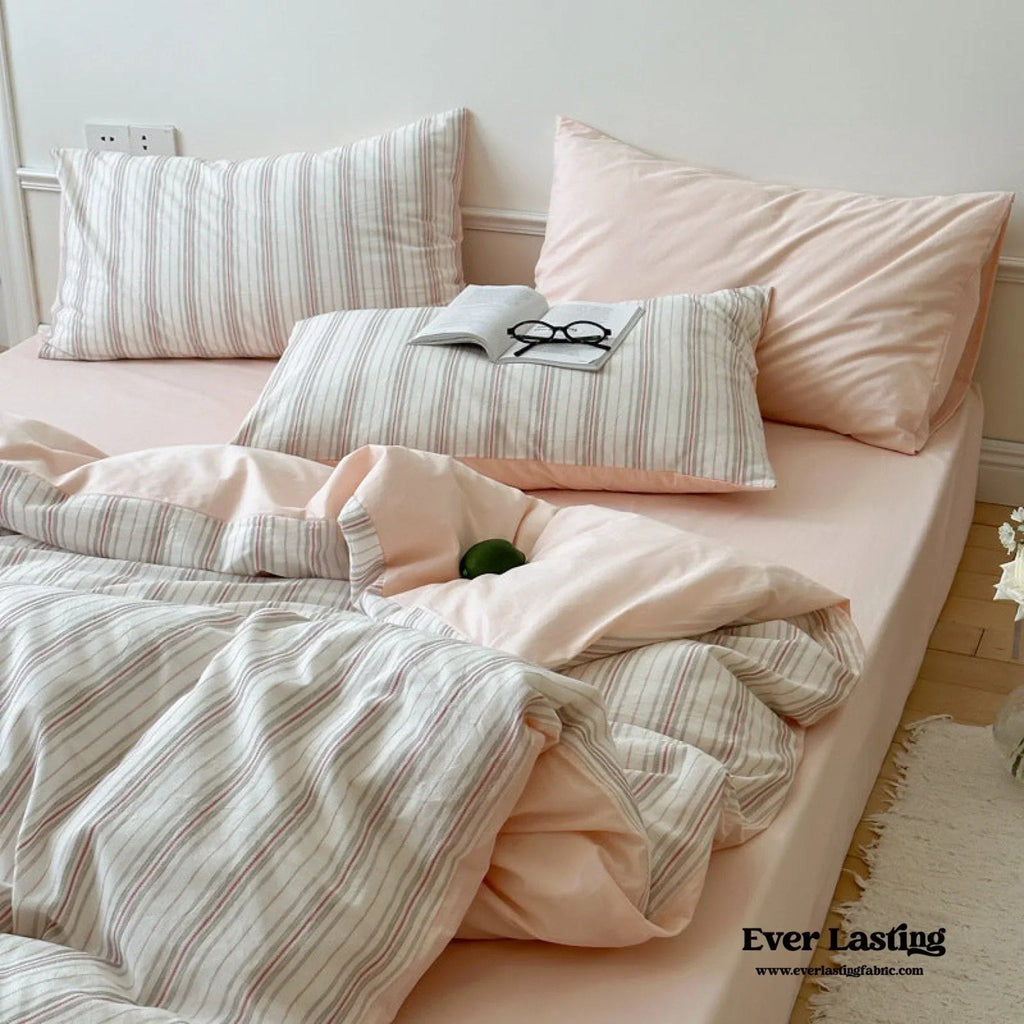 Cozy Pastel Striped Washed Cotton Duvet Cover / Pink Ever Lasting