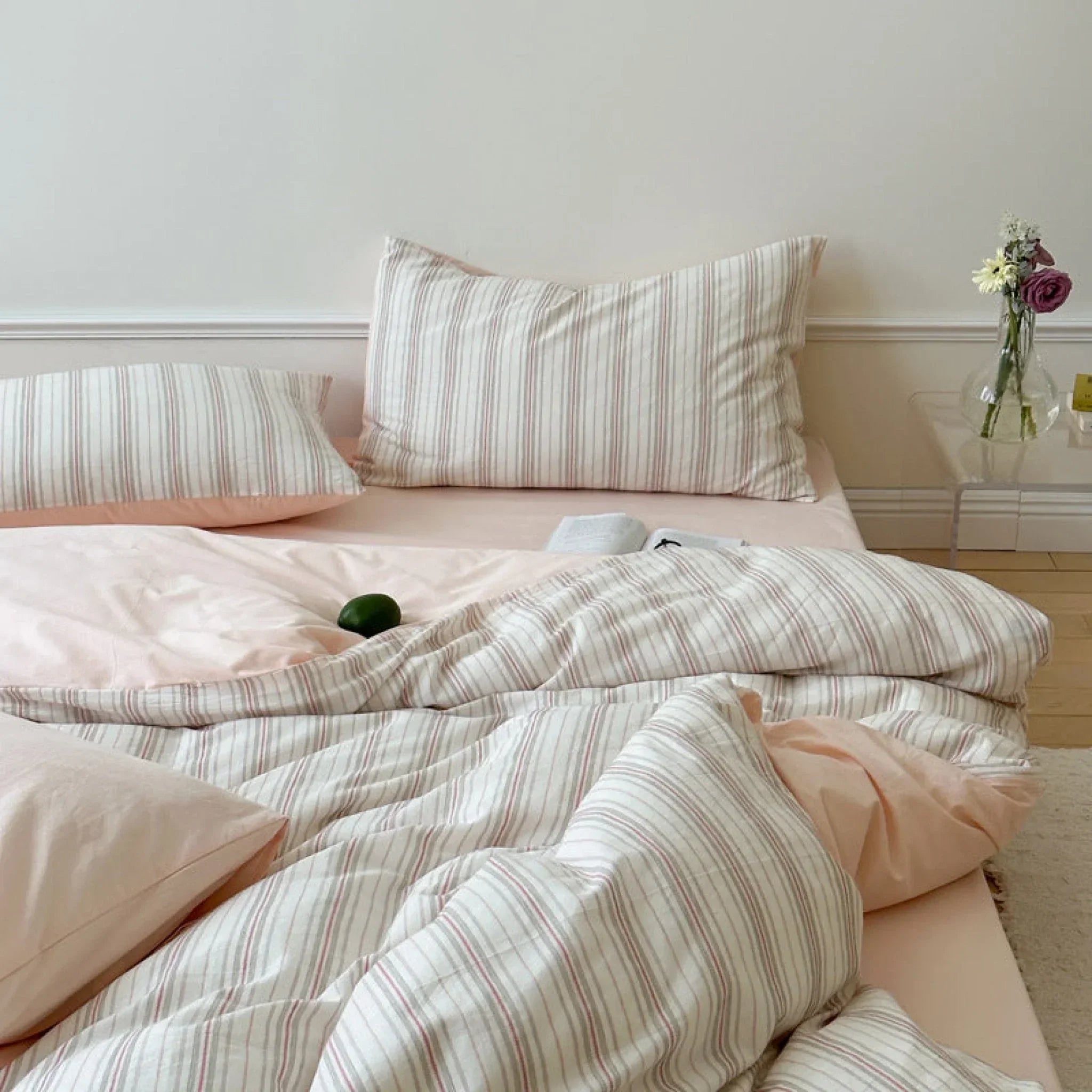 Cozy Pastel Striped Washed Cotton Duvet Cover / Pink Ever Lasting