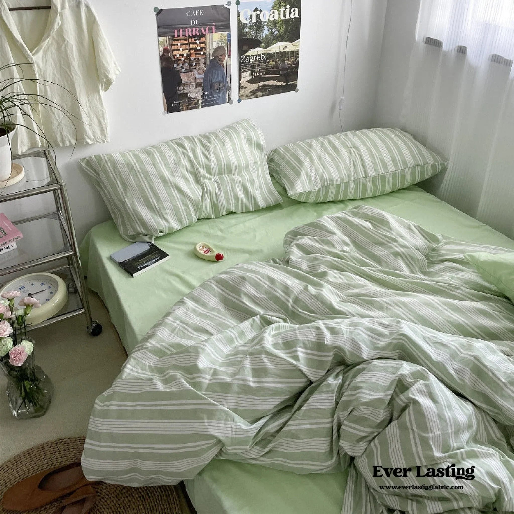 Cozy Washed Cotton Striped Bedding Set / Pink