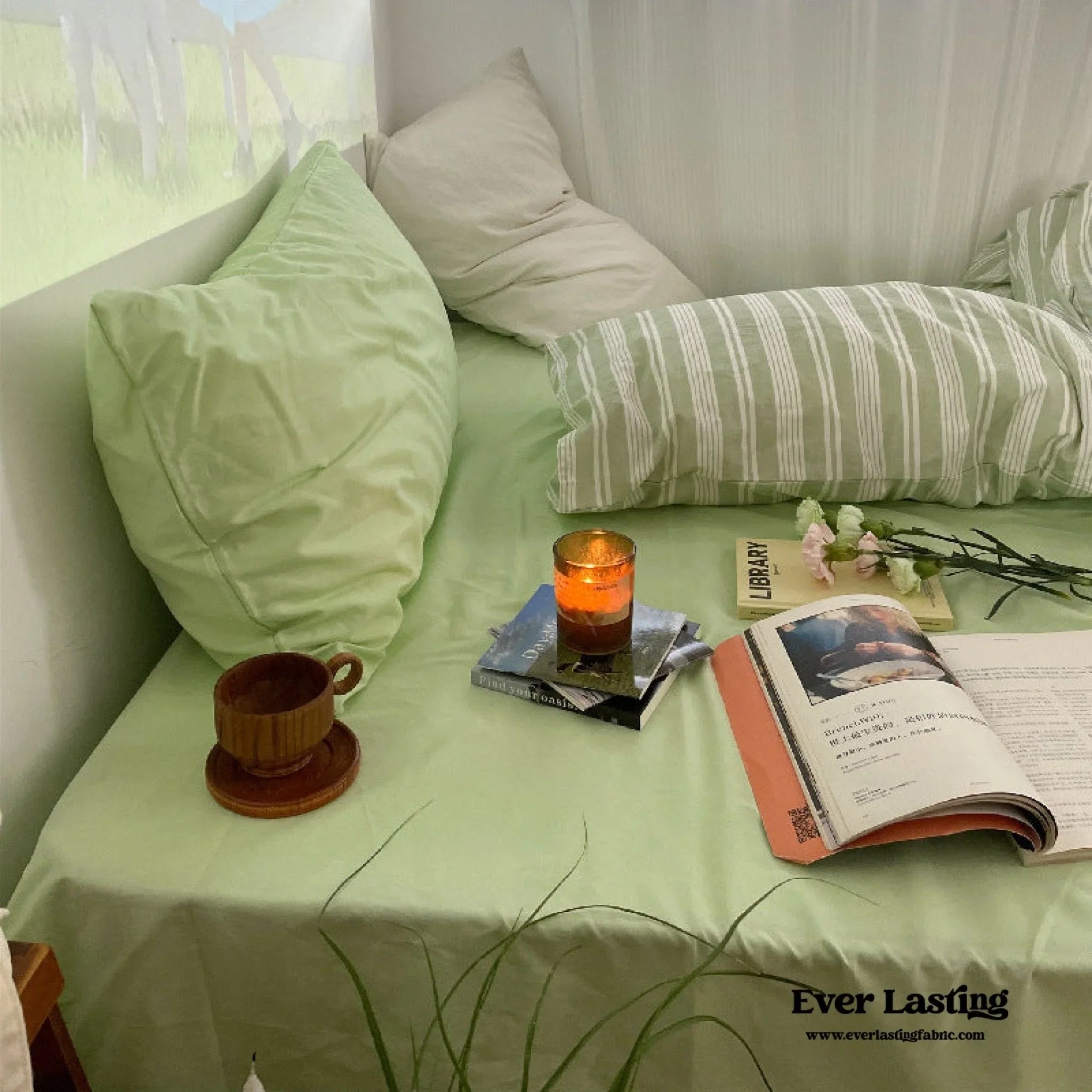 Cozy Washed Cotton Striped Bedding Set / Pink