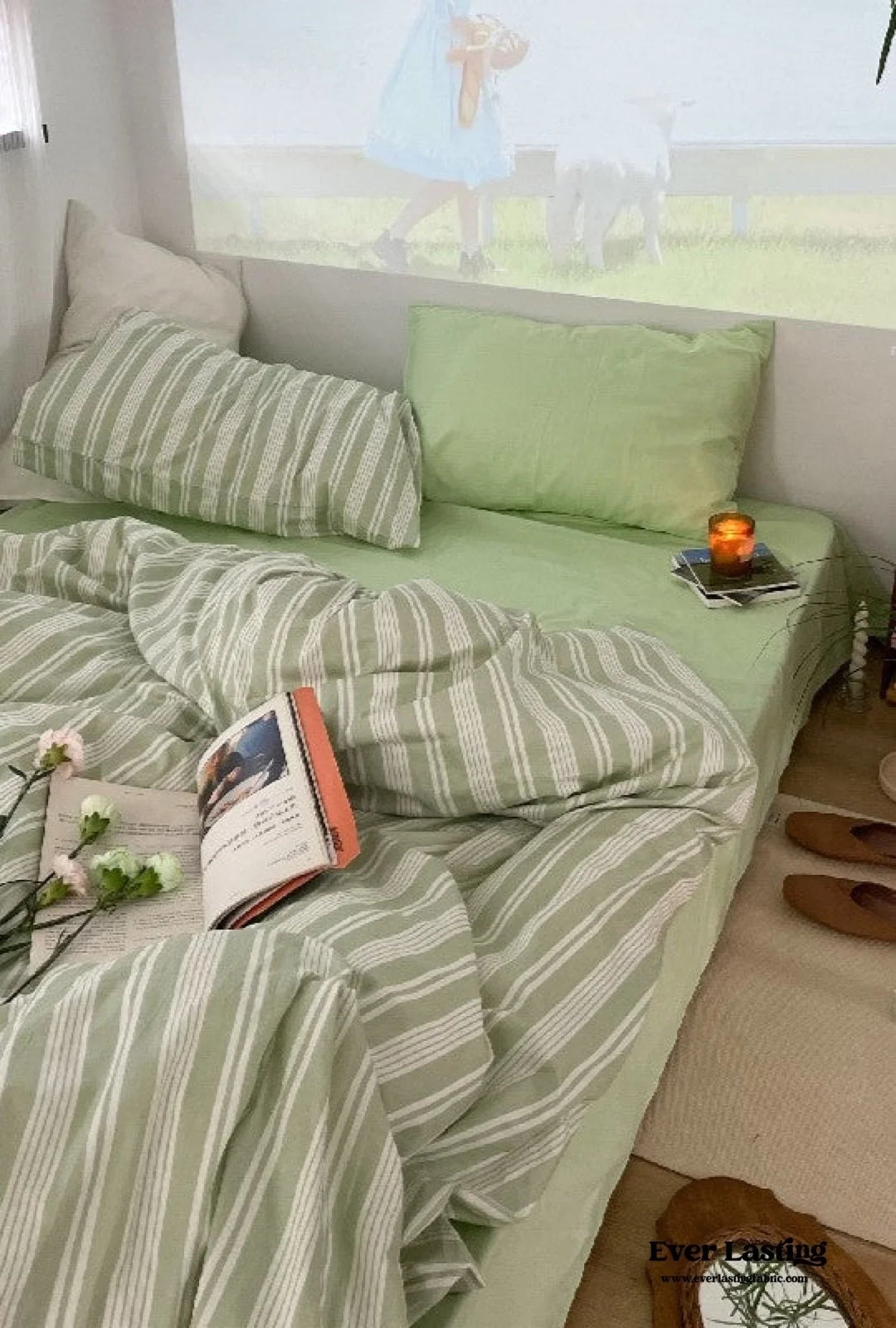 Cozy Washed Cotton Striped Bedding Set / Pink