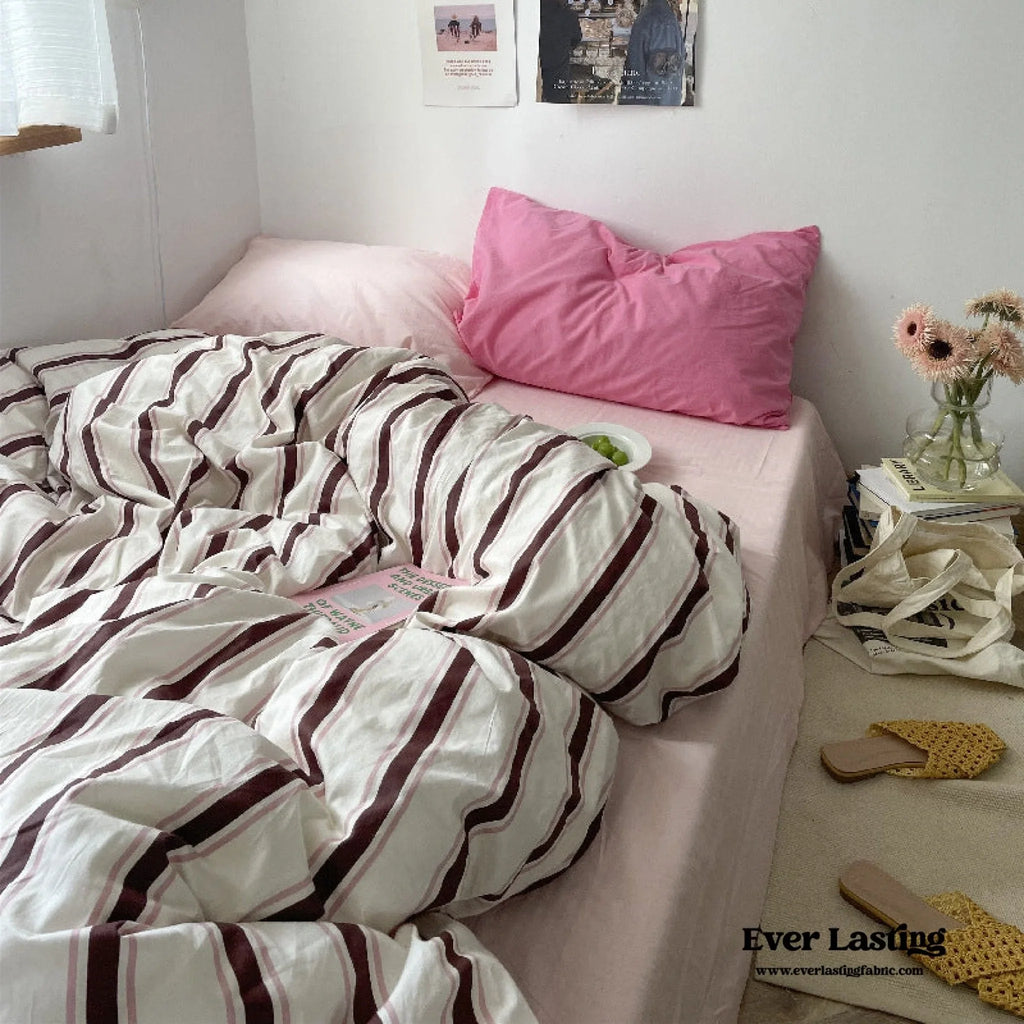 Cozy Washed Cotton Striped Bedding Set / Pink Ever Lasting