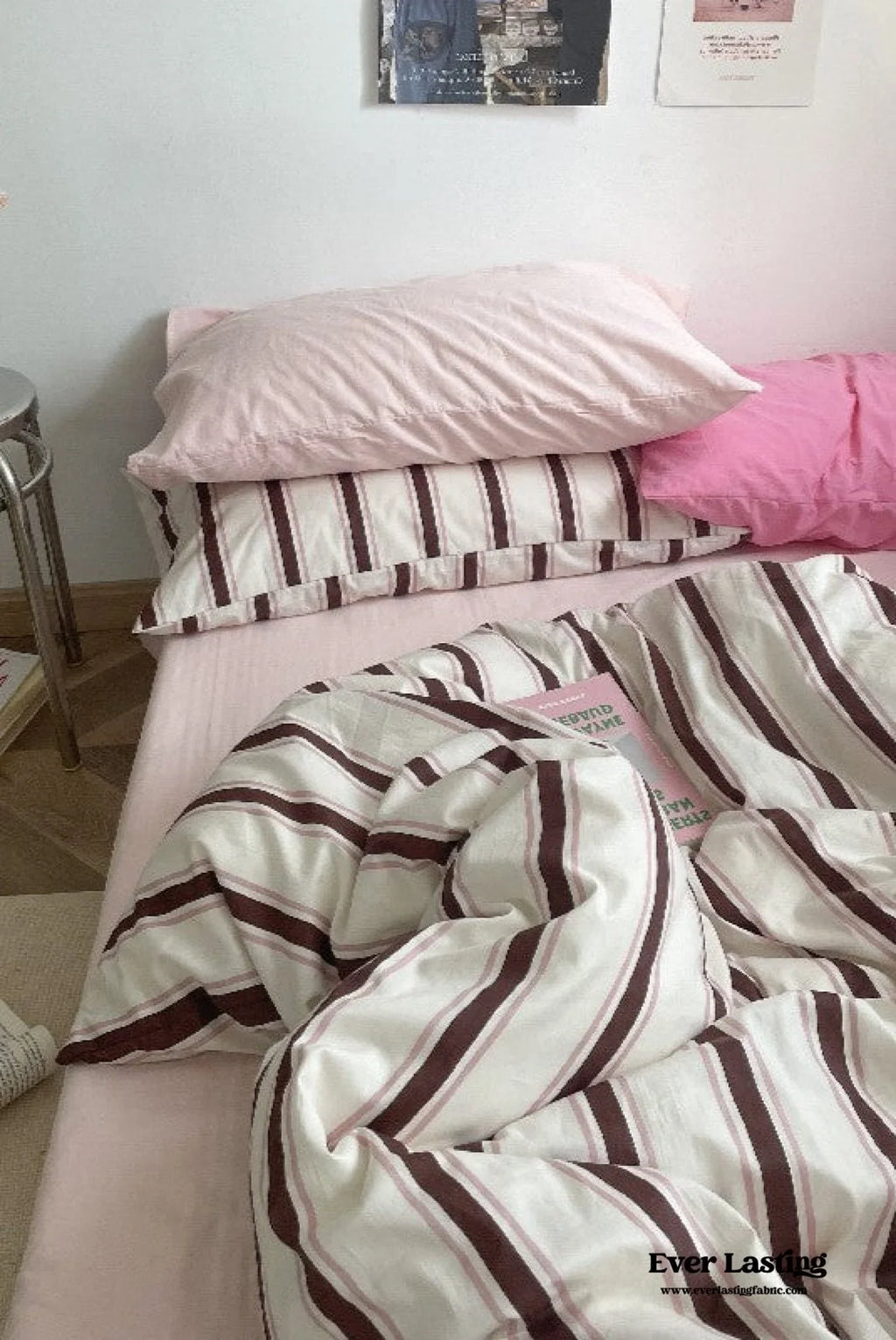 Cozy Washed Cotton Striped Bedding Set / Pink