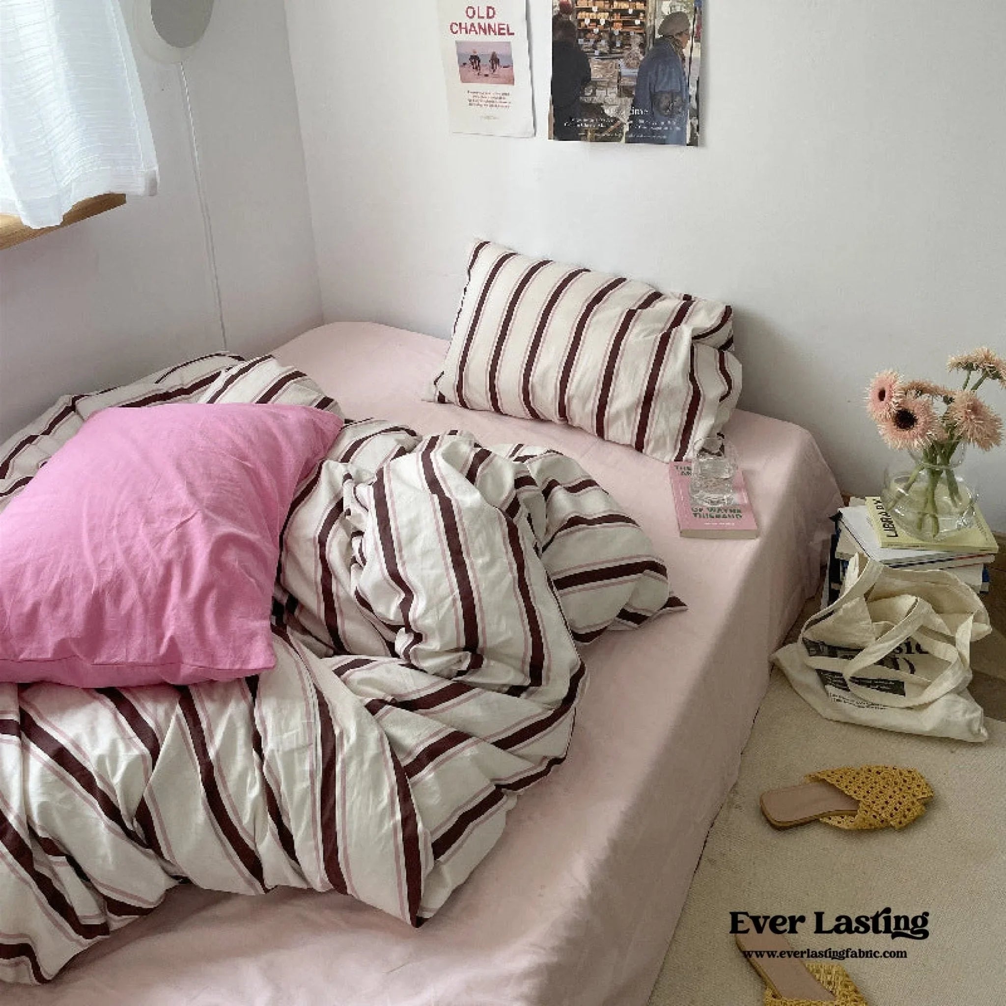 Cozy Washed Cotton Striped Bedding Set / Pink Ever Lasting