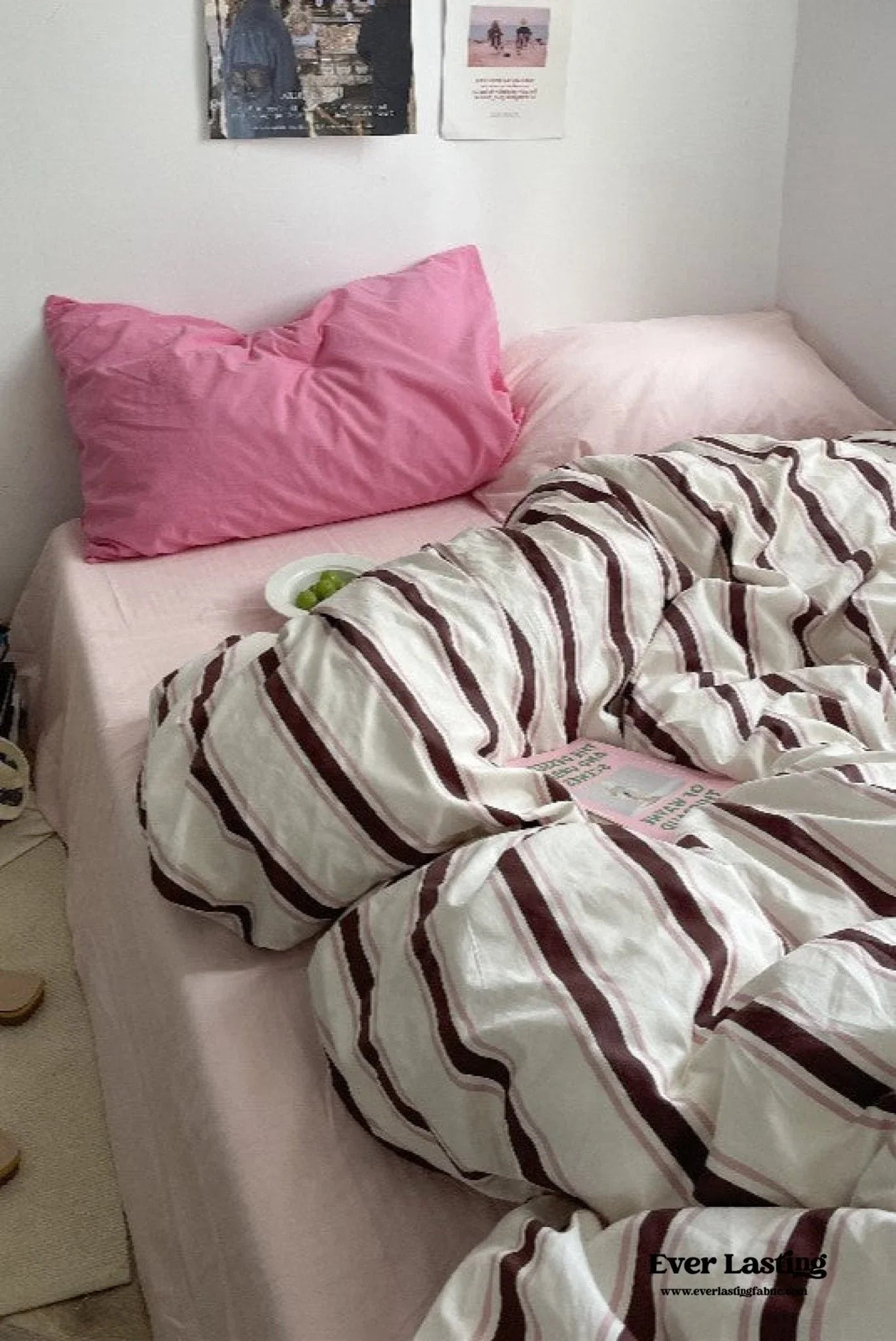 Cozy Washed Cotton Striped Bedding Set / Pink
