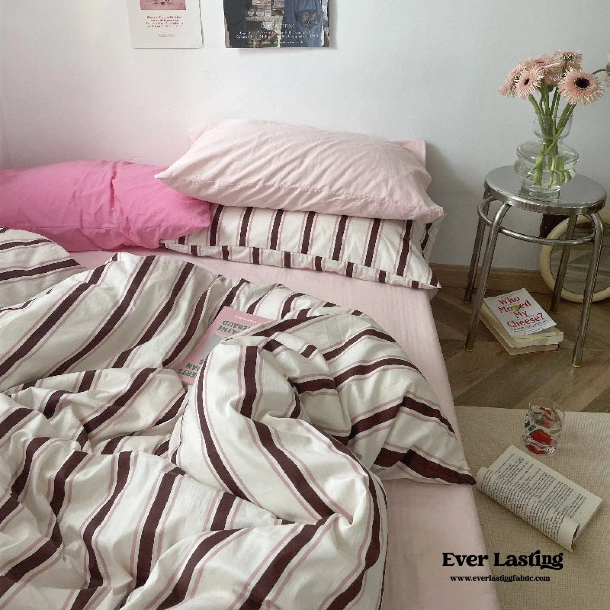 Cozy Washed Cotton Striped Bedding Set / Pink Ever Lasting