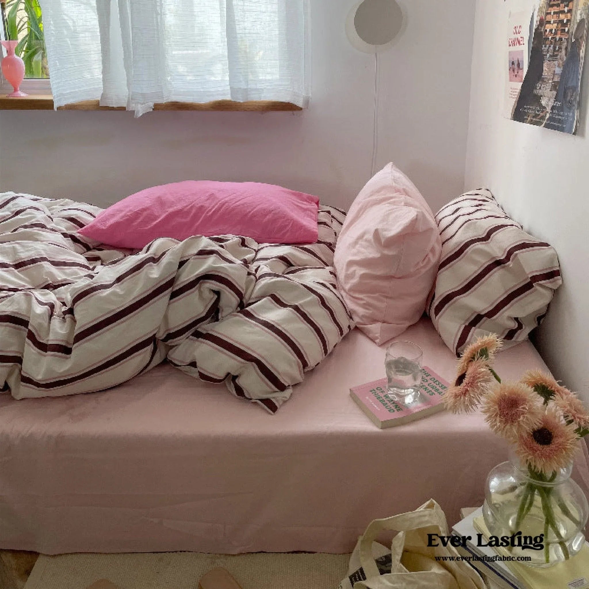 Cozy Washed Cotton Striped Bedding Set / Pink Ever Lasting