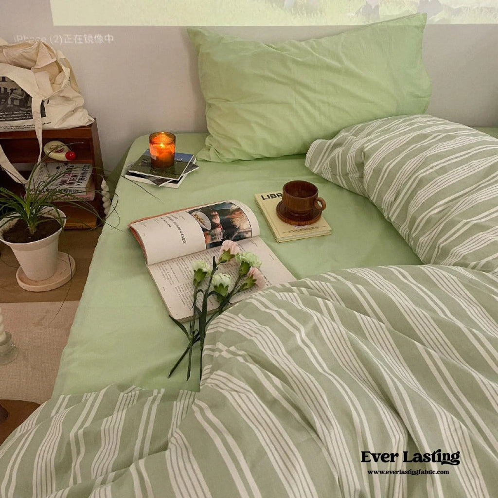 Cozy Washed Cotton Striped Bedding Set / Pink