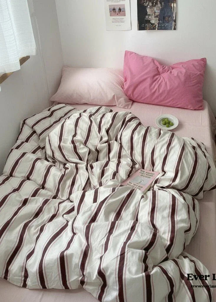 Cozy Washed Cotton Striped Bedding Set / Pink
