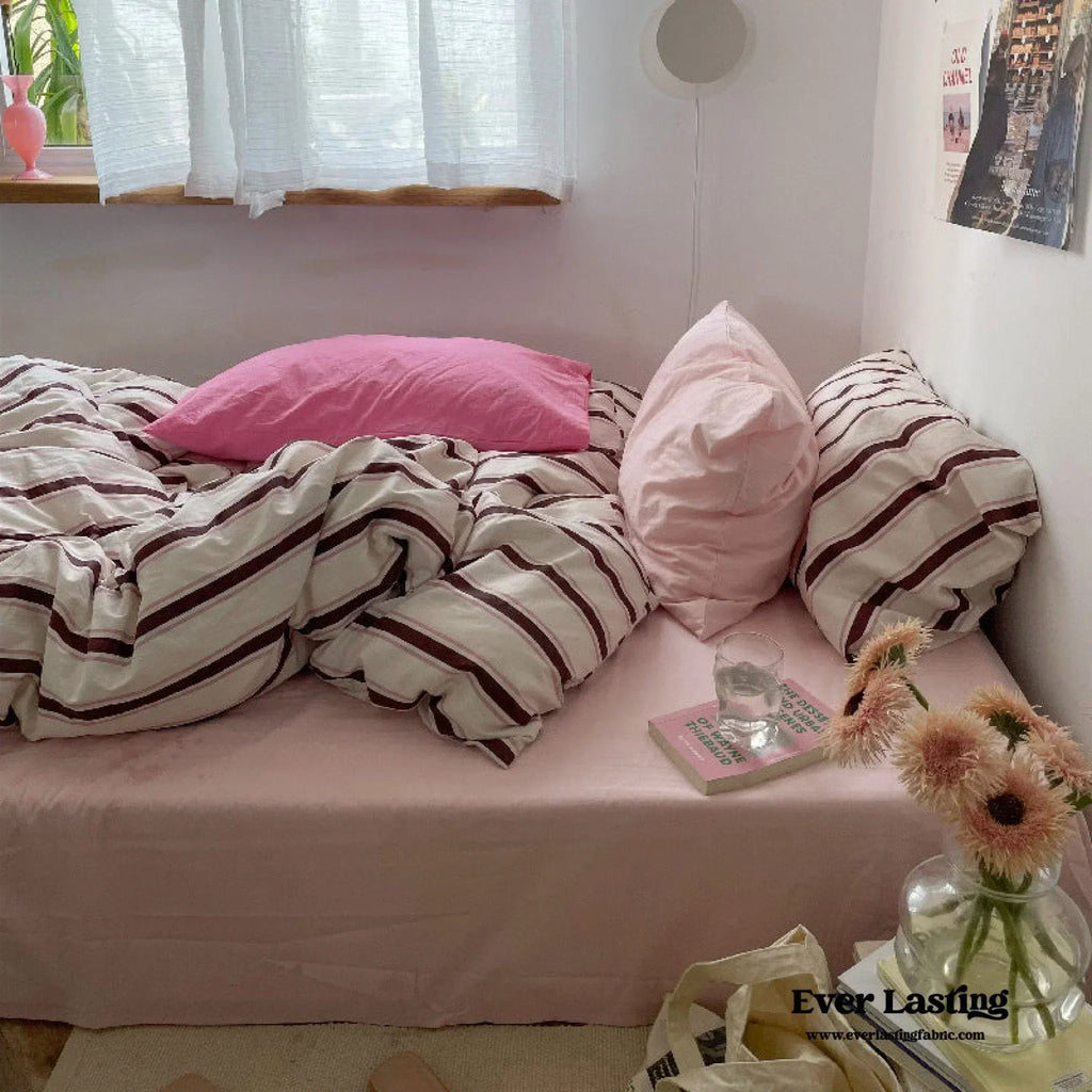 Cozy Washed Cotton Striped Bedding Set / Pink