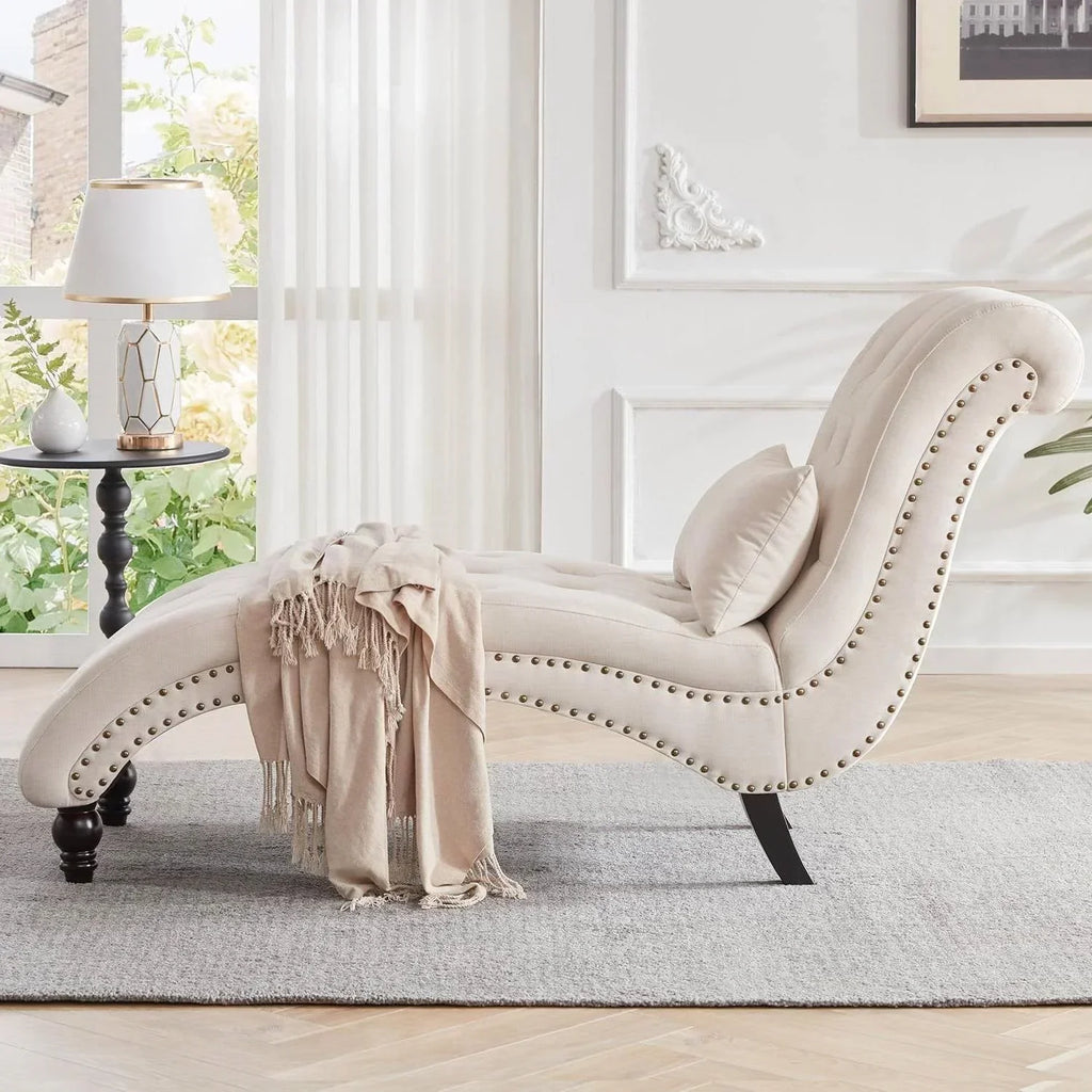 Cream Beige Linen Upholstered Armless Chaise Lounge Chair with Pillow