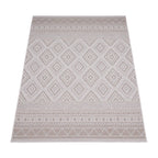 Outdoor Rug for Patio or Balcony Modern Flatweave Boho Trellis in Cream Beige, angled view - House Of Avana