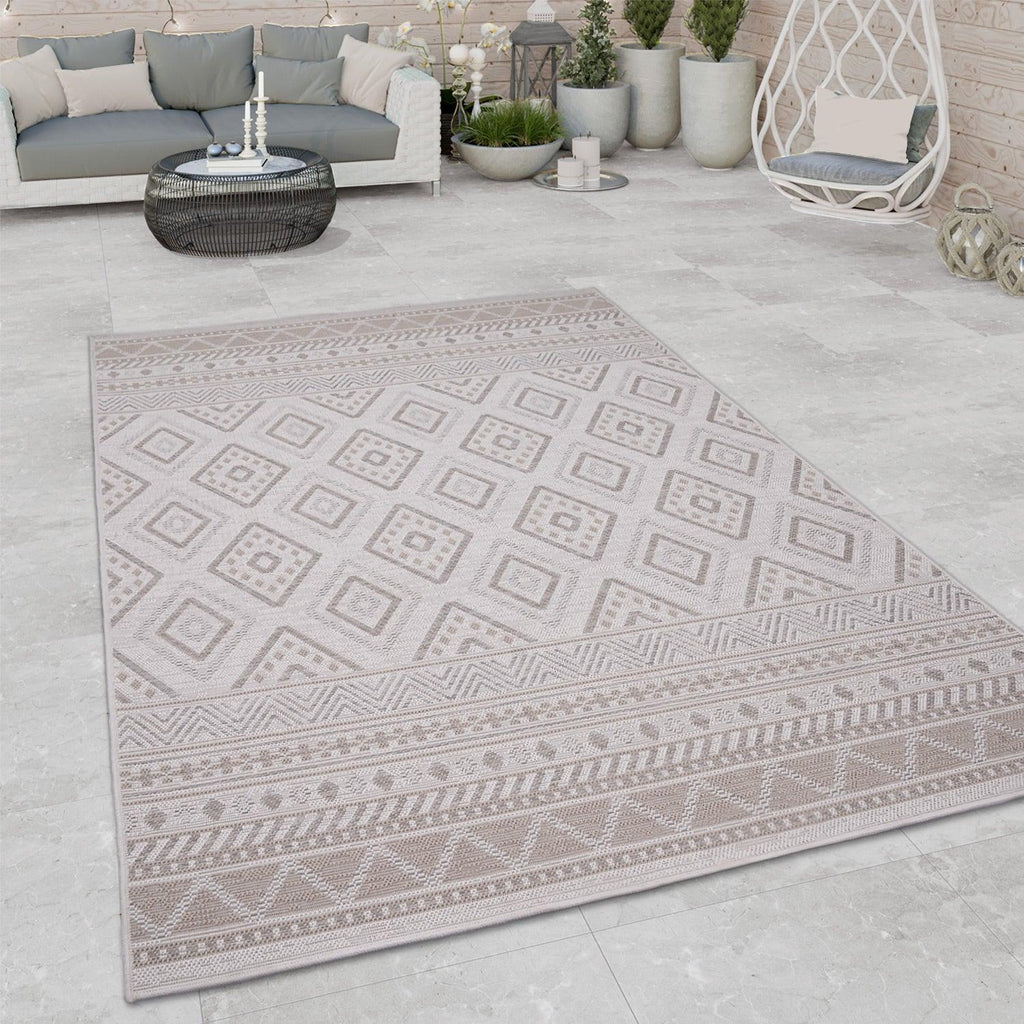 Outdoor Rug for Patio or Balcony Modern Flatweave Boho Trellis in Cream Beige, back view - House Of Avana