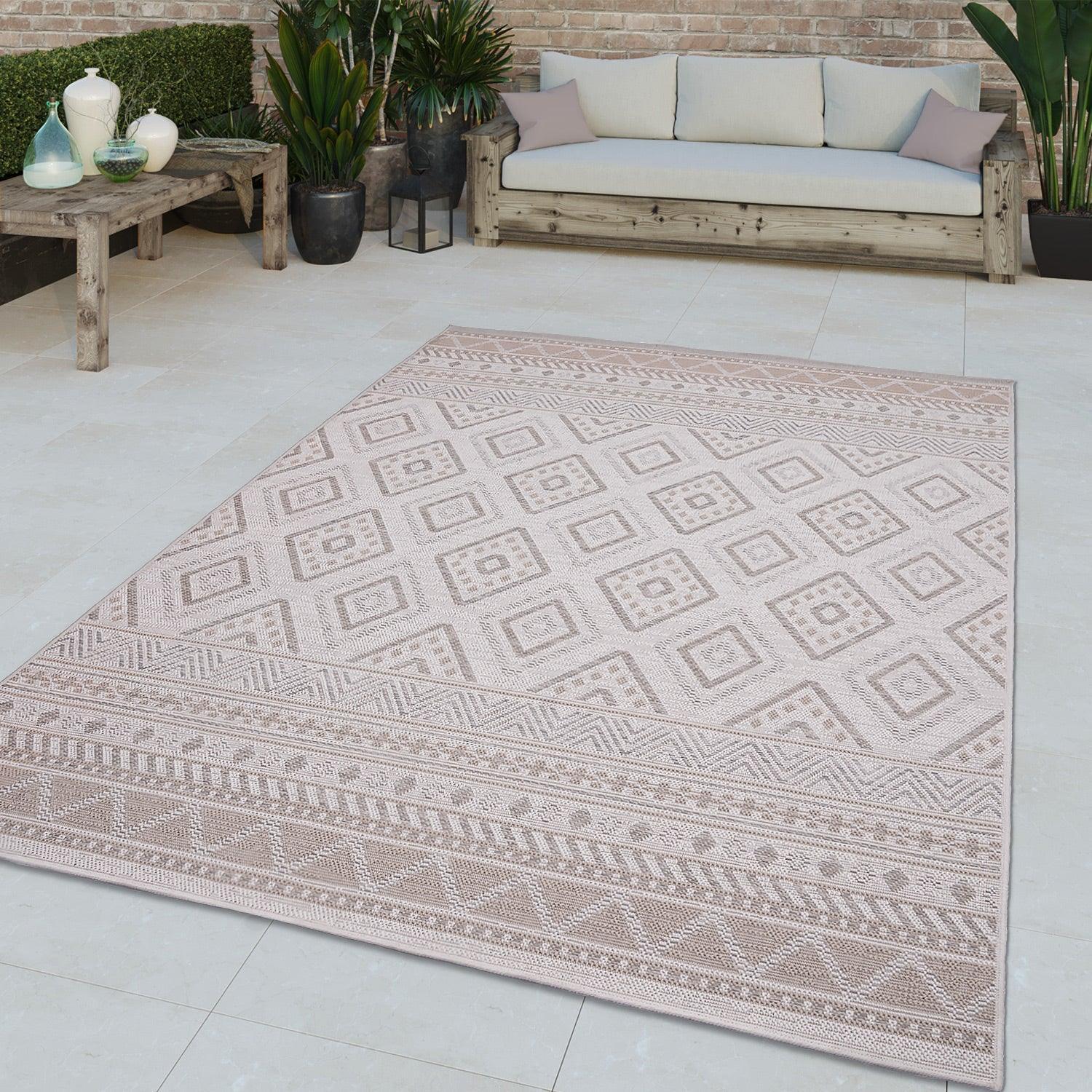 Outdoor Rug for Patio or Balcony Modern Flatweave Boho Trellis in Cream Beige, front view - House Of Avana