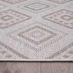 Outdoor Rug for Patio or Balcony Modern Flatweave Boho Trellis in Cream Beige, side view - House Of Avana