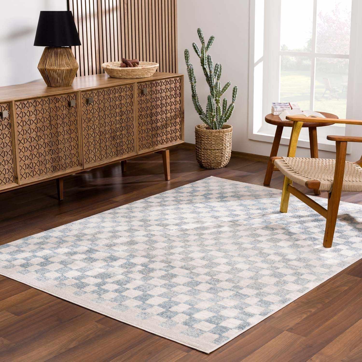 Benjy Cream & Light Blue Checkered Area Rug - House Of Avana