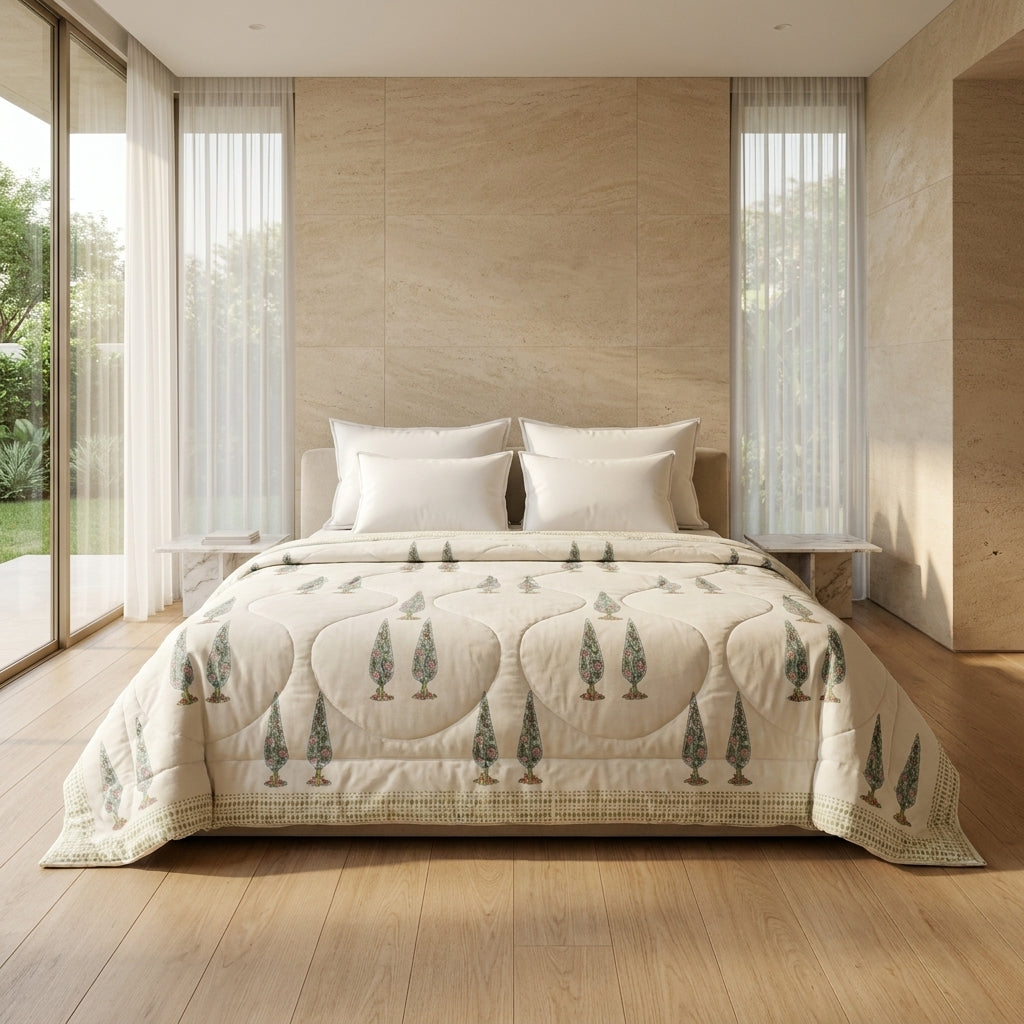 Cream & Rust Sage Jaipur Indian hand block print floral quilted comforter | Jaipur Indian hand block print cotton muslin quilted comforter | Sanganer floral block print bedding | Queen King size quilt India | House of Avana