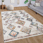 Boho Rug Cream Colorful Ethnic Diamond Pattern Ripped Design - House Of Avana
