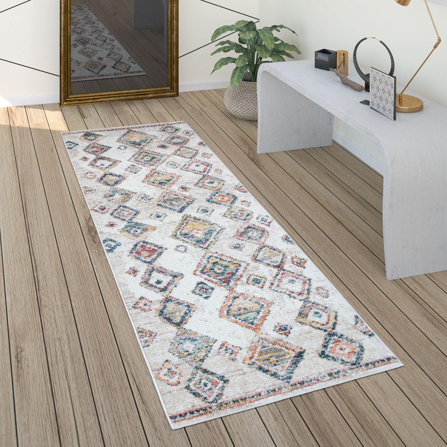 Boho Rug Cream Colorful Ethnic Diamond Pattern Ripped Design - House Of Avana