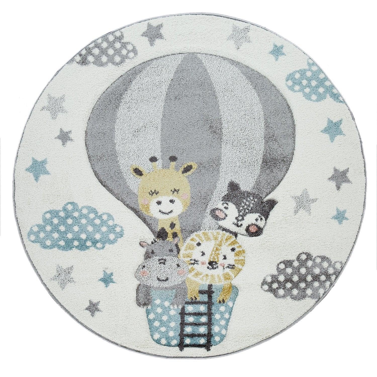 Kids Rug Hot Air Balloon Animals Clouds in Pastel Cream, detail shot - House Of Avana