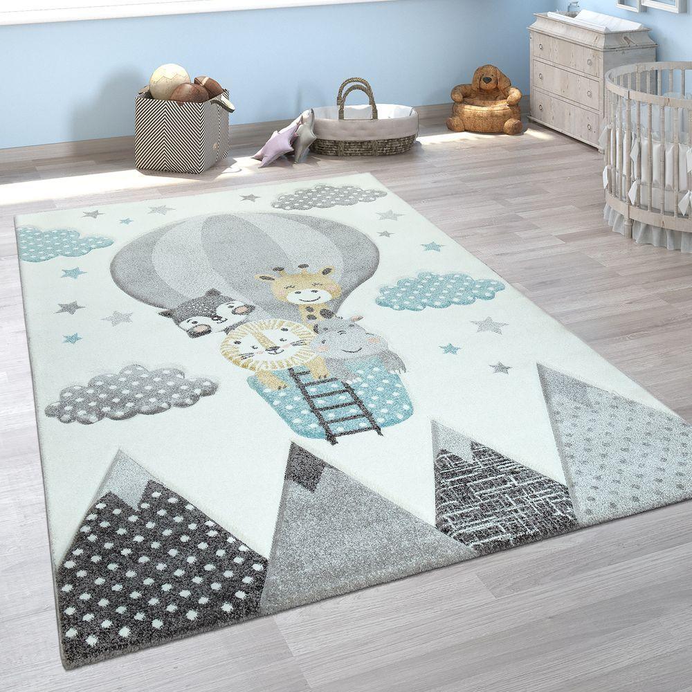 Kids Rug Hot Air Balloon Animals Clouds in Pastel Cream, front view - House Of Avana